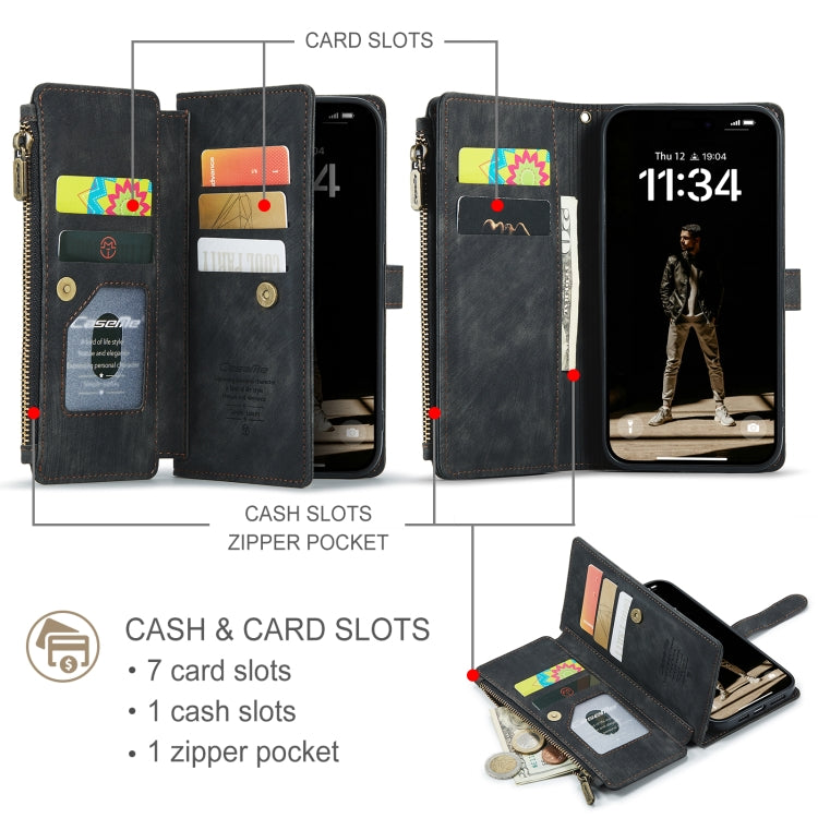 For iPhone 16 CaseMe C30 Card Slots Zipper Wallet Leather Phone Case(Black)