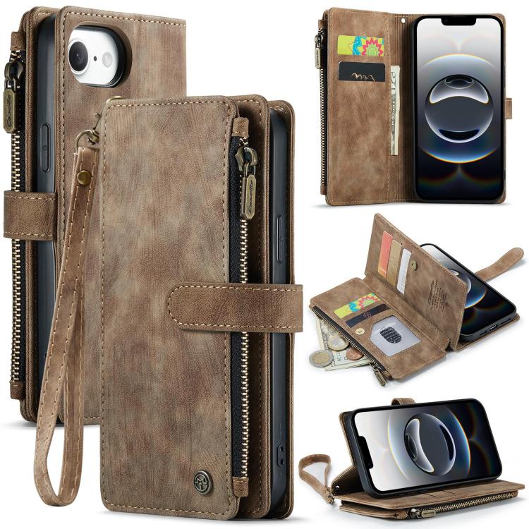 For iPhone 16e CaseMe C30 Card Slots Zipper Wallet Leather Phone Case(Brown)
