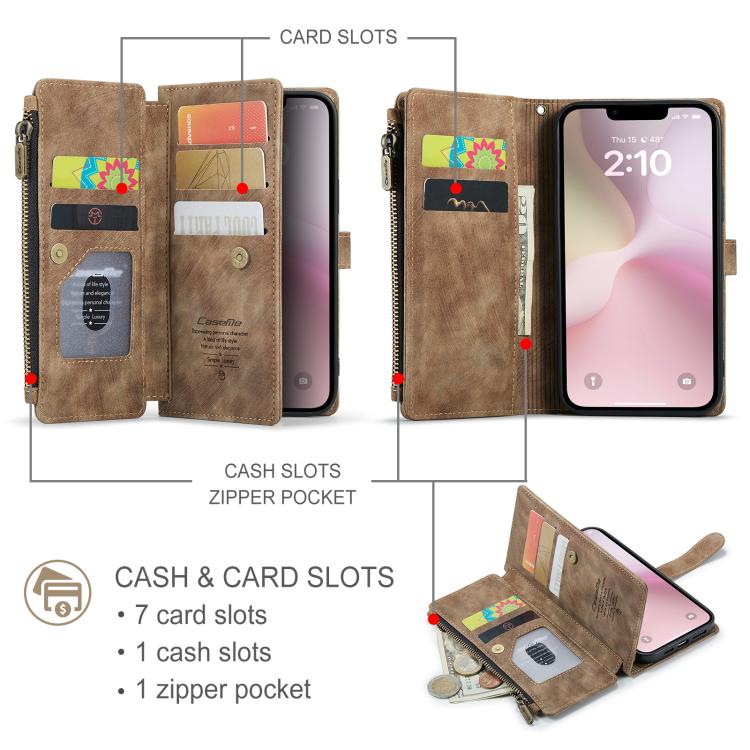 For iPhone 16e CaseMe C30 Card Slots Zipper Wallet Leather Phone Case(Brown)