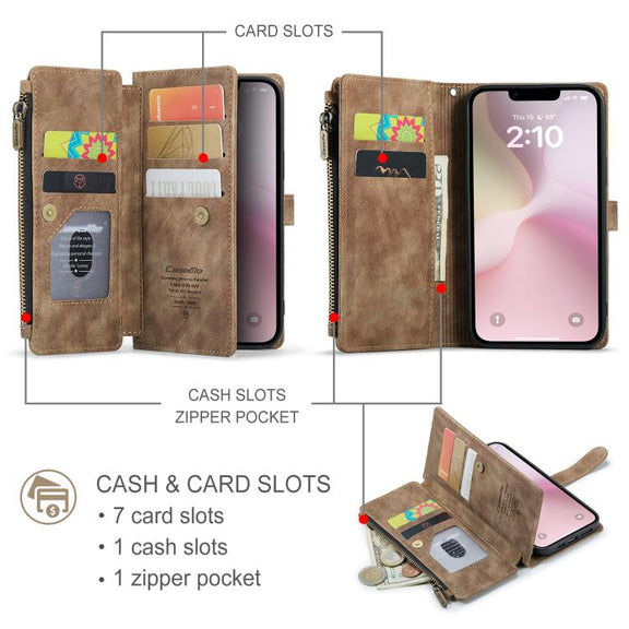 For iPhone 16e CaseMe C30 Card Slots Zipper Wallet Leather Phone Case(Brown)