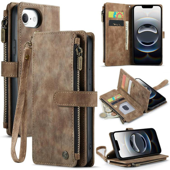 For iPhone 16e CaseMe C30 Card Slots Zipper Wallet Leather Phone Case(Brown)