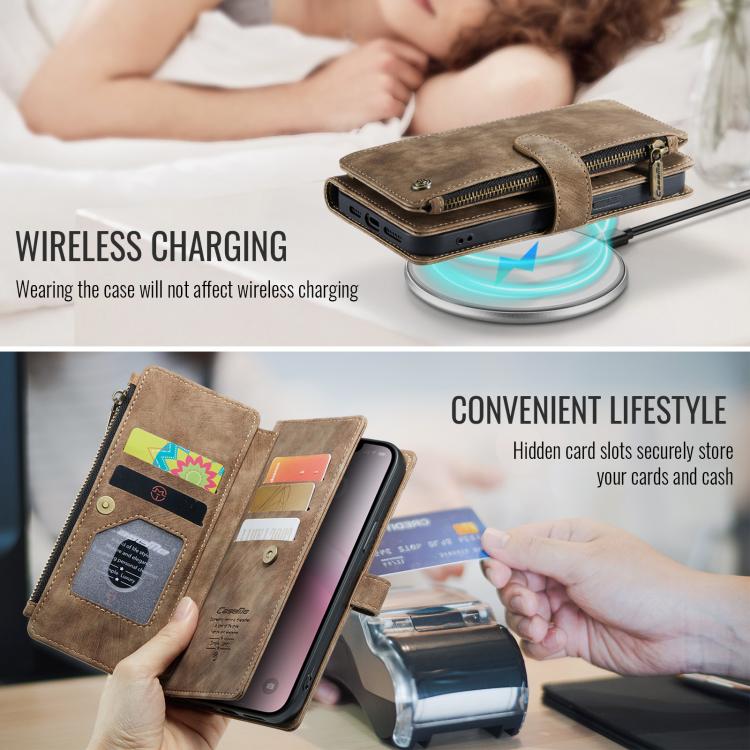 For iPhone 16e CaseMe C30 Card Slots Zipper Wallet Leather Phone Case(Brown)