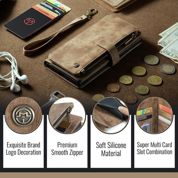For iPhone 16e CaseMe C30 Card Slots Zipper Wallet Leather Phone Case(Brown)
