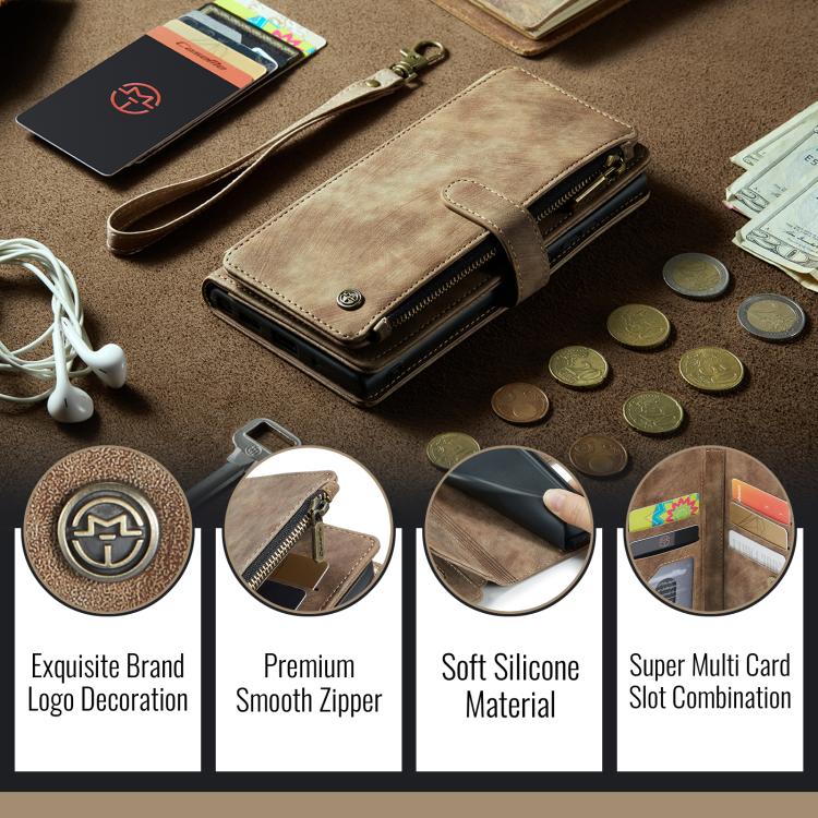 For iPhone 16e CaseMe C30 Card Slots Zipper Wallet Leather Phone Case(Brown)