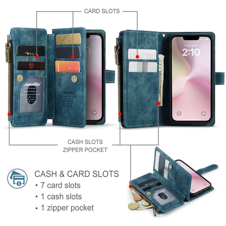 For iPhone 16e CaseMe C30 Card Slots Zipper Wallet Leather Phone Case(Blue)