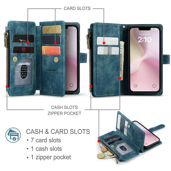 For iPhone 16e CaseMe C30 Card Slots Zipper Wallet Leather Phone Case(Blue)