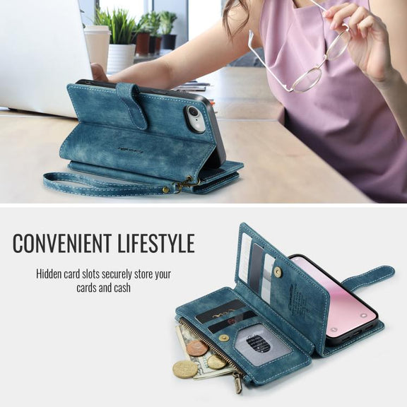 For iPhone 16e CaseMe C30 Card Slots Zipper Wallet Leather Phone Case(Blue)