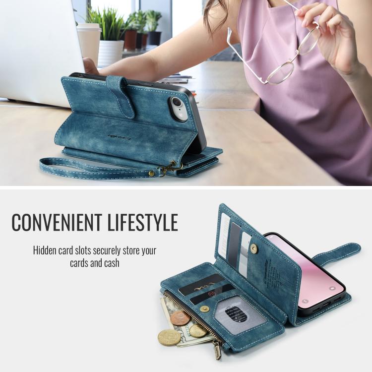For iPhone 16e CaseMe C30 Card Slots Zipper Wallet Leather Phone Case(Blue)
