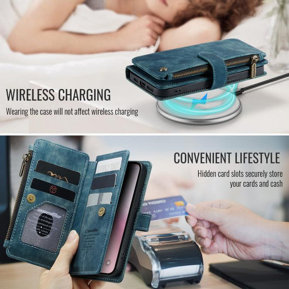 For iPhone 16e CaseMe C30 Card Slots Zipper Wallet Leather Phone Case(Blue)