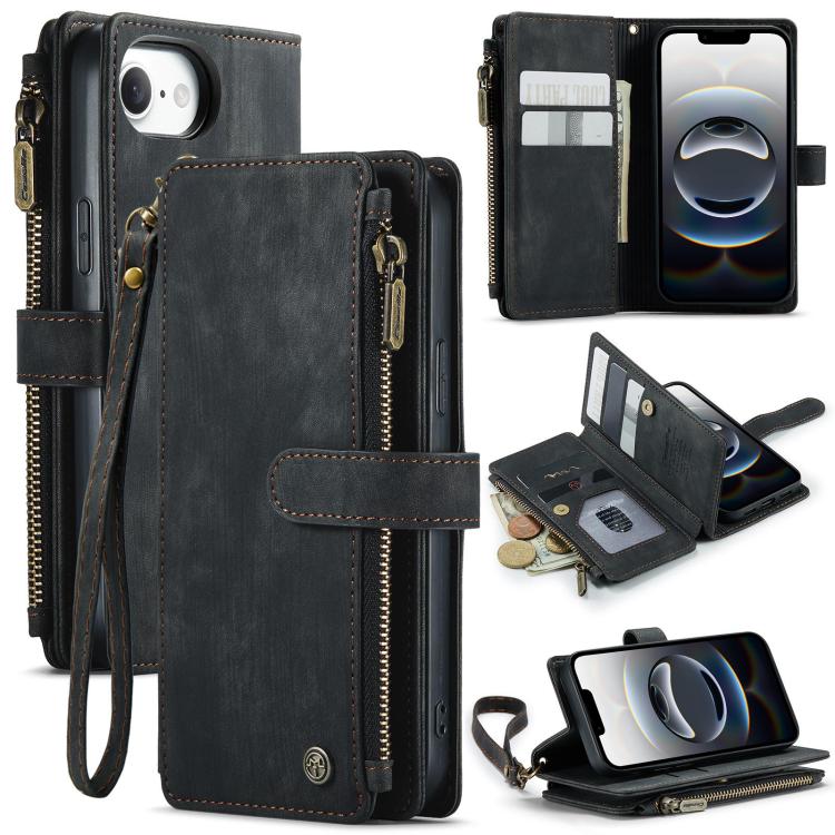 For iPhone 16e CaseMe C30 Card Slots Zipper Wallet Leather Phone Case(Black)