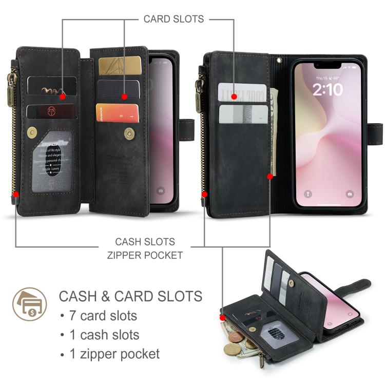 For iPhone 16e CaseMe C30 Card Slots Zipper Wallet Leather Phone Case(Black)