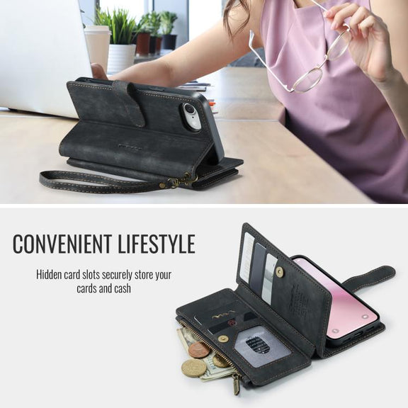 For iPhone 16e CaseMe C30 Card Slots Zipper Wallet Leather Phone Case(Black)