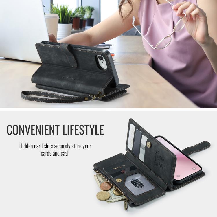 For iPhone 16e CaseMe C30 Card Slots Zipper Wallet Leather Phone Case(Black)