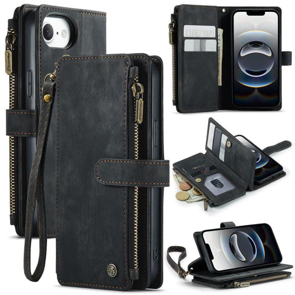 For iPhone 16e CaseMe C30 Card Slots Zipper Wallet Leather Phone Case(Black)
