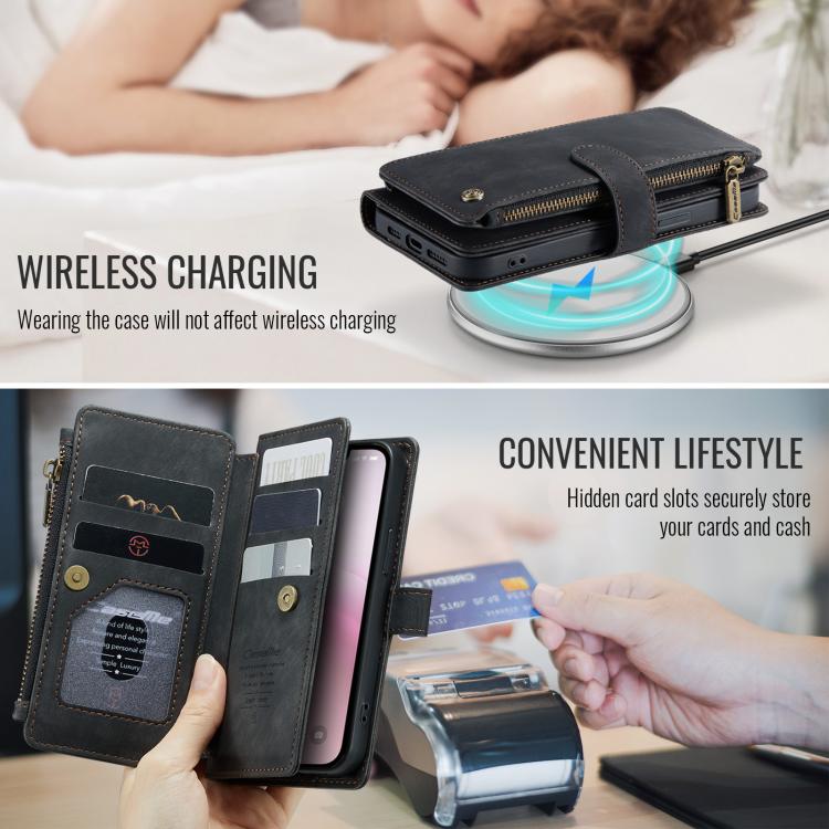 For iPhone 16e CaseMe C30 Card Slots Zipper Wallet Leather Phone Case(Black)