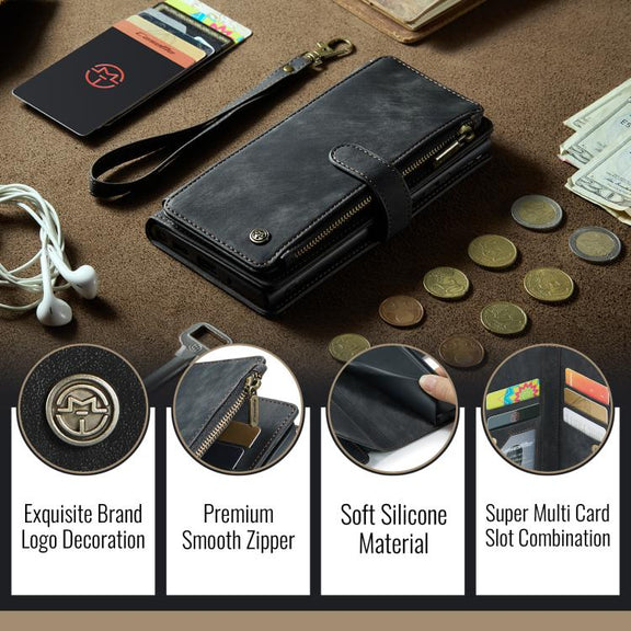For iPhone 16e CaseMe C30 Card Slots Zipper Wallet Leather Phone Case(Black)