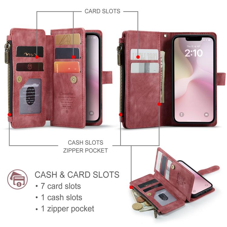 For iPhone 16e CaseMe C30 Card Slots Zipper Wallet Leather Phone Case(Red)