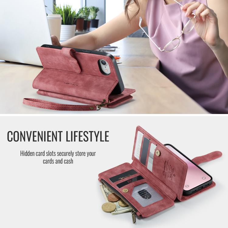 For iPhone 16e CaseMe C30 Card Slots Zipper Wallet Leather Phone Case(Red)