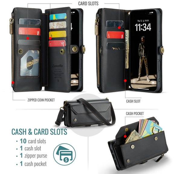 For iPhone 16 Pro Max CaseMe C36 Card Slots Zipper Wallet RFID Anti-theft Leather Phone Case(Black)