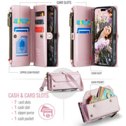 For iPhone 16 Pro CaseMe C36 Card Slots Zipper Wallet RFID Anti-theft Leather Phone Case(Pink)