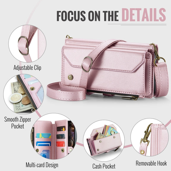 For iPhone 16 Pro CaseMe C36 Card Slots Zipper Wallet RFID Anti-theft Leather Phone Case(Pink)