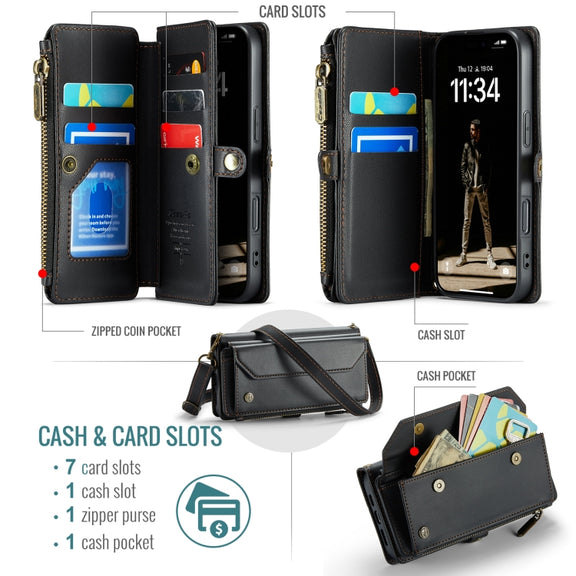 For iPhone 16 Pro CaseMe C36 Card Slots Zipper Wallet RFID Anti-theft Leather Phone Case(Black)