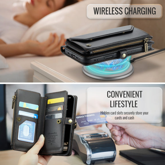 For iPhone 16 Pro CaseMe C36 Card Slots Zipper Wallet RFID Anti-theft Leather Phone Case(Black)