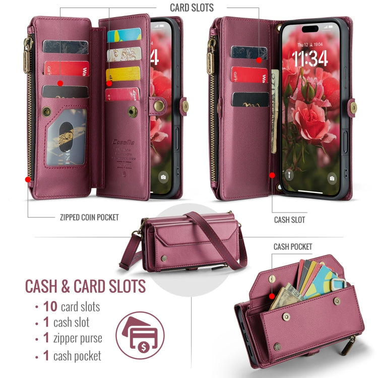 For iPhone 16 Plus CaseMe C36 Card Slots Zipper Wallet RFID Anti-theft Leather Phone Case(Red)