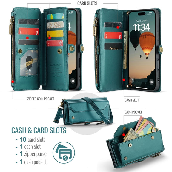 For iPhone 16 Plus CaseMe C36 Card Slots Zipper Wallet RFID Anti-theft Leather Phone Case(Blue)