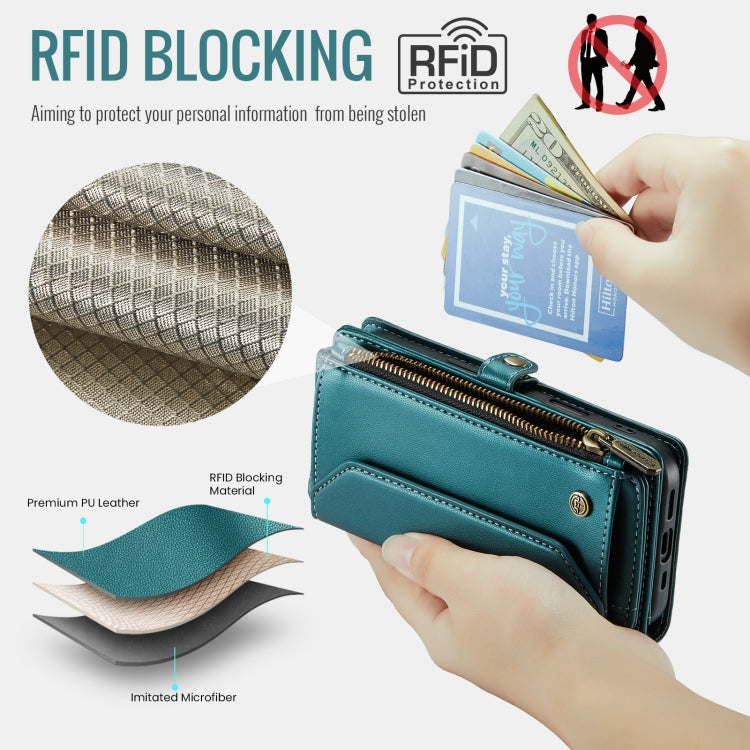 For iPhone 16 Plus CaseMe C36 Card Slots Zipper Wallet RFID Anti-theft Leather Phone Case(Blue)
