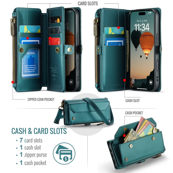 For iPhone 16 CaseMe C36 Card Slots Zipper Wallet RFID Anti-theft Leather Phone Case(Blue)