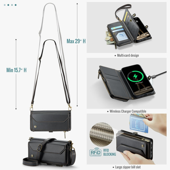For iPhone 16 CaseMe C36 Card Slots Zipper Wallet RFID Anti-theft Leather Phone Case(Black)