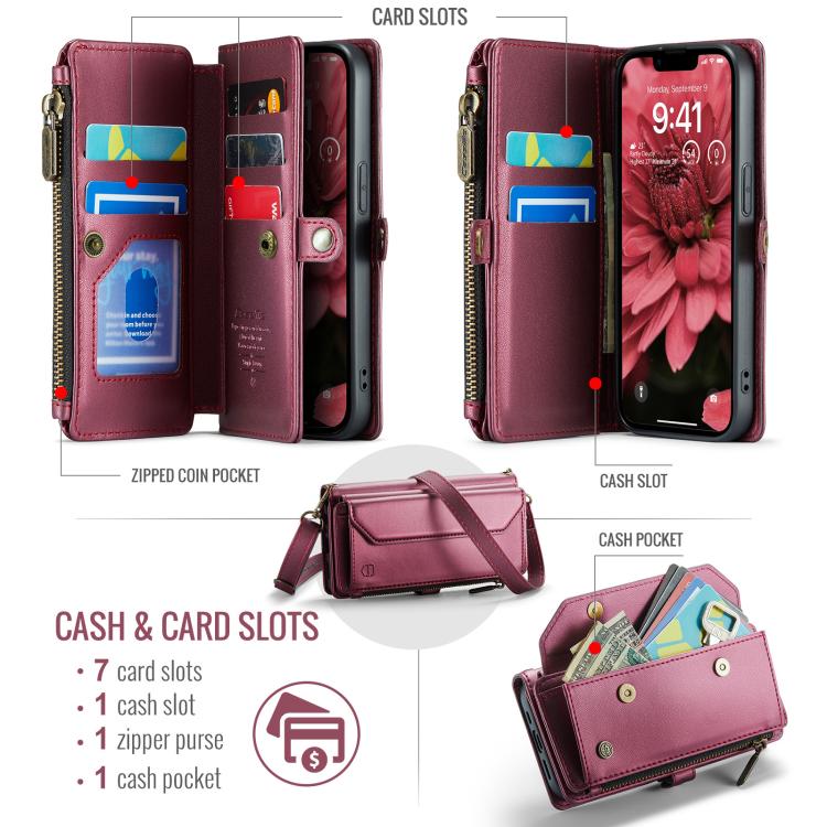 For iPhone 16e CaseMe C36 Card Slots Zipper Wallet RFID Anti-theft Leather Phone Case(Red)