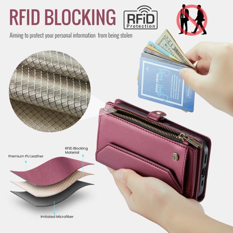 For iPhone 16e CaseMe C36 Card Slots Zipper Wallet RFID Anti-theft Leather Phone Case(Red)