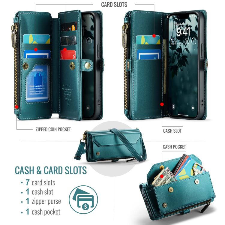 For iPhone 16e CaseMe C36 Card Slots Zipper Wallet RFID Anti-theft Leather Phone Case(Blue)