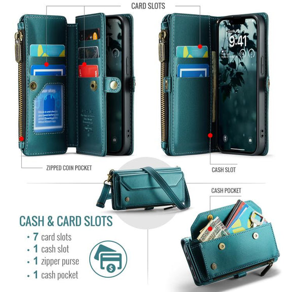 For iPhone 16e CaseMe C36 Card Slots Zipper Wallet RFID Anti-theft Leather Phone Case(Blue)