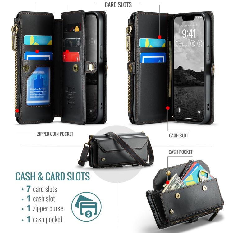 For iPhone 16e CaseMe C36 Card Slots Zipper Wallet RFID Anti-theft Leather Phone Case(Black)