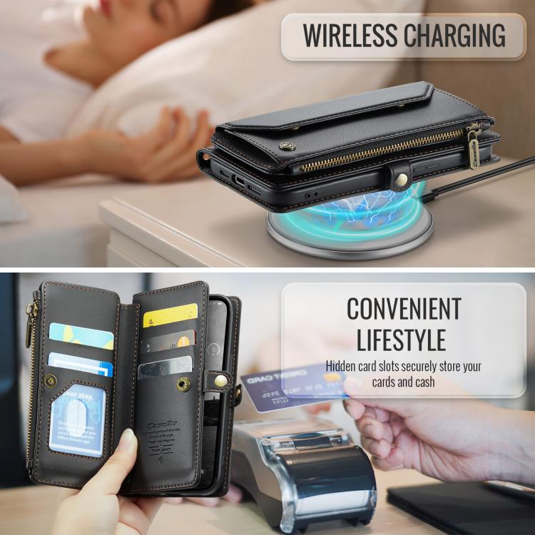 For iPhone 16e CaseMe C36 Card Slots Zipper Wallet RFID Anti-theft Leather Phone Case(Black)