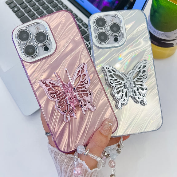 For iPhone 16 Pro Plating Glitter Lens Film Texture Butterfly Holder Wristband Phone Case(White Feathers)