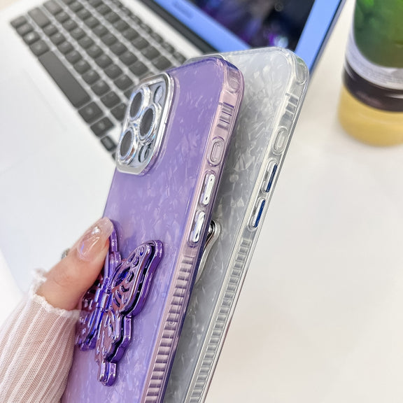 For iPhone 16 Plating Glitter Lens Film Texture Butterfly Holder Wristband Phone Case(Pink Tinfoil Texture)