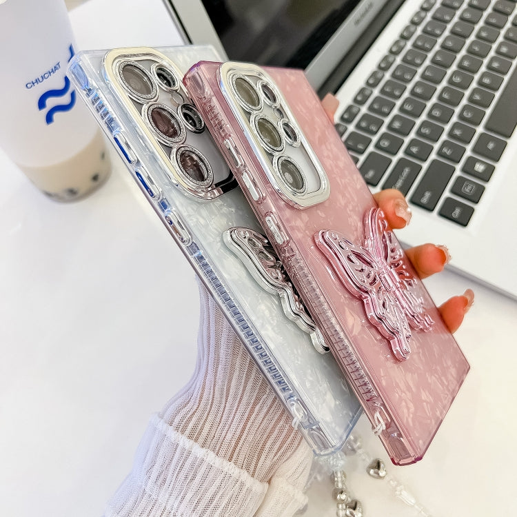 For Samsung Galaxy S25+ 5G Plating Glitter Lens Film Texture Butterfly Holder Wristband Phone Case(Pink Shell Pattern)
