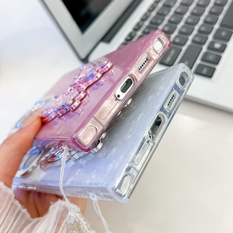 For Samsung Galaxy S25+ 5G Plating Glitter Lens Film Texture Butterfly Holder Wristband Phone Case(Pink Shell Pattern)