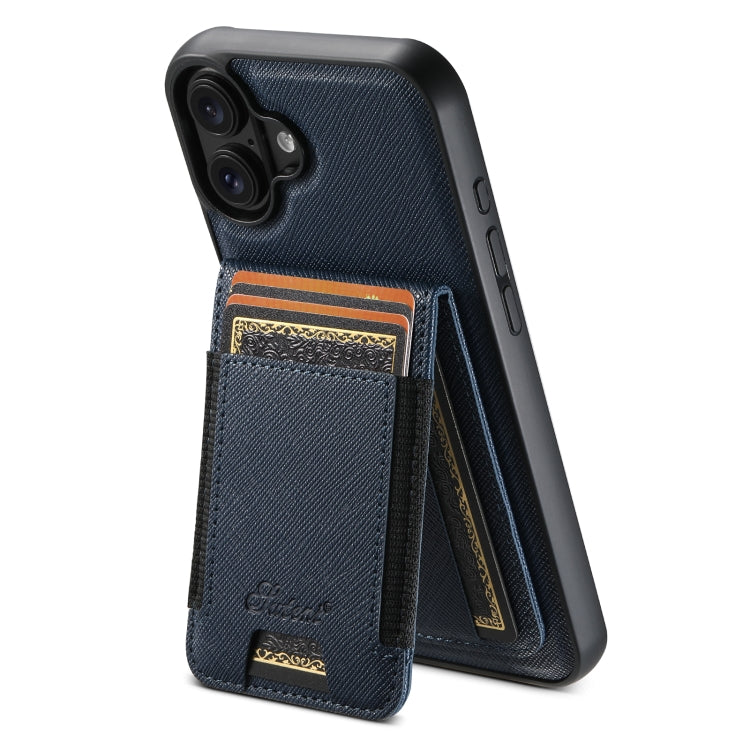 For iPhone 16 Suteni H17 Cross Grain Leather MagSafe Detachable Wallet Phone Case(Blue)