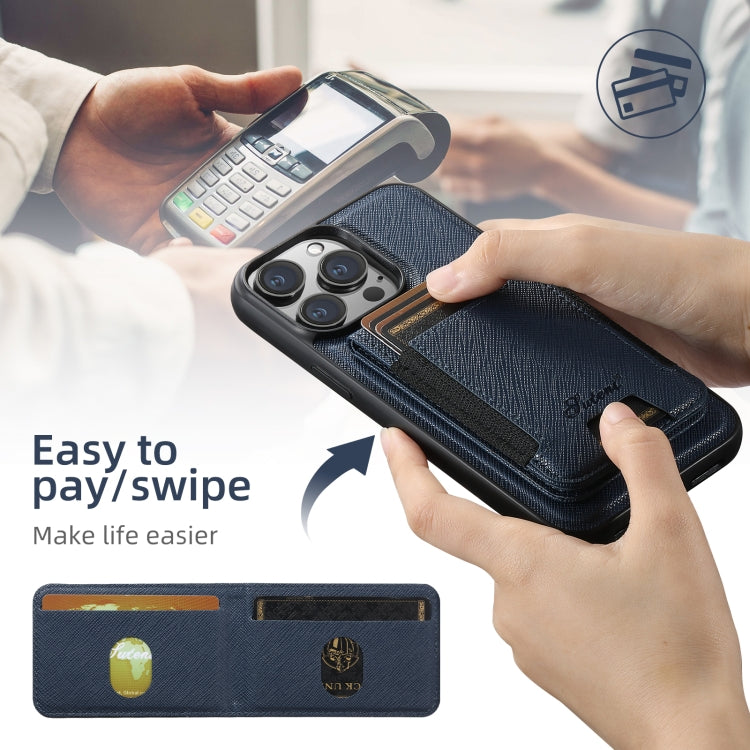 For iPhone 14 Suteni H17 Cross Grain Leather MagSafe Detachable Wallet Phone Case(Blue)