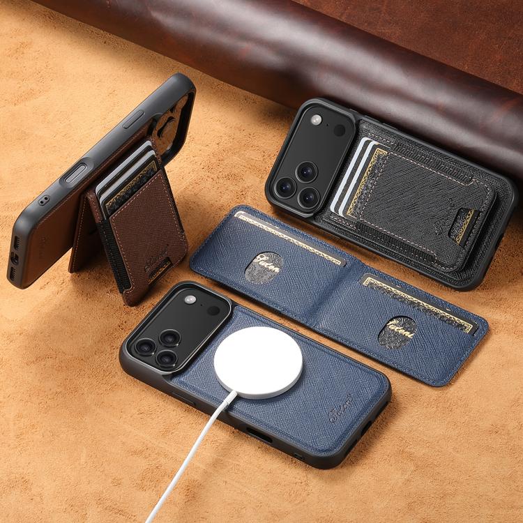 For iPhone 15 Suteni H17 Cross Grain Leather MagSafe Detachable Wallet Phone Case(Blue)