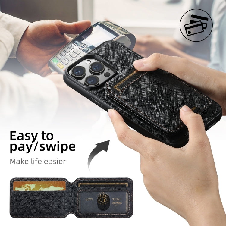 For iPhone 16 Plus Suteni H18 Cross Grain MagSafe Wallet Leather Phone Case(Black)