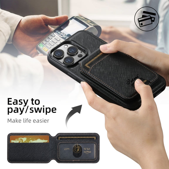 For iPhone 16 Plus Suteni H18 Cross Grain MagSafe Wallet Leather Phone Case(Black)