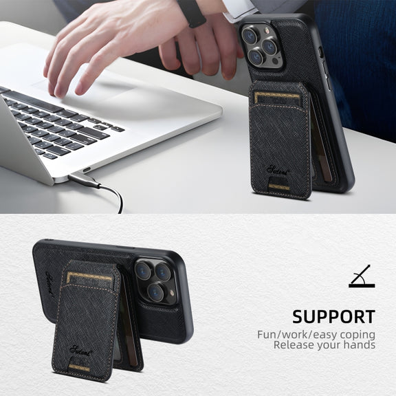 For iPhone 16 Plus Suteni H18 Cross Grain MagSafe Wallet Leather Phone Case(Black)