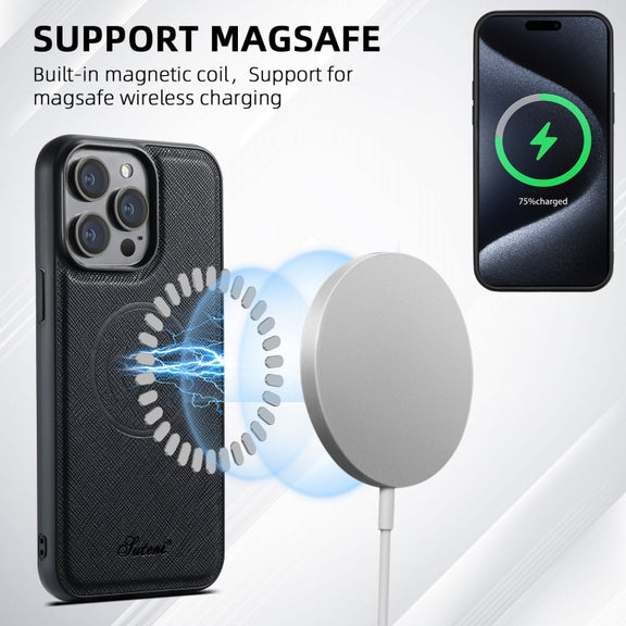 For iPhone 16 Plus Suteni H18 Cross Grain MagSafe Wallet Leather Phone Case(Black)