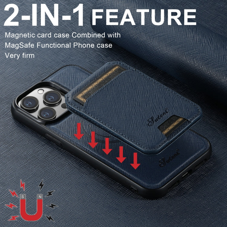 For iPhone 16 Suteni H18 Cross Grain MagSafe Wallet Leather Phone Case(Blue)